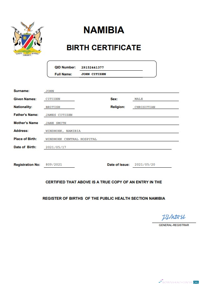Download Namibia birth certificate Word and PDF template Photoshop template